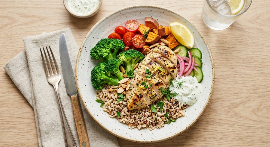 Lemon Herb Chicken Grain Bowl served and ready to eat