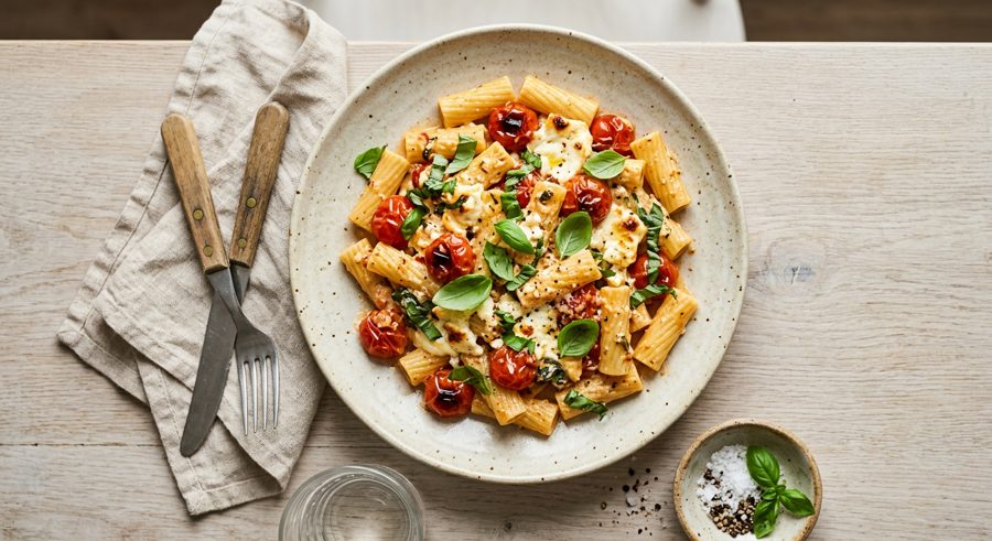 Baked Feta & Tomato Pasta served and ready to eat