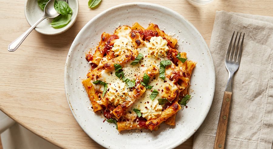 Baked Ziti with Ricotta served and ready to eat
