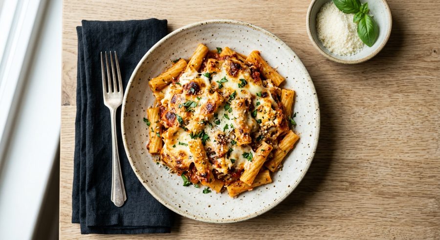 Family Baked Ziti served and ready to eat