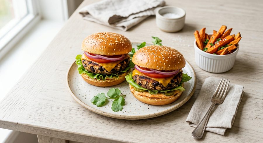 Black Bean Veggie Burgers served and ready to eat