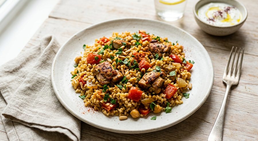 Bulgur Pilaf with Chicken served and ready to eat