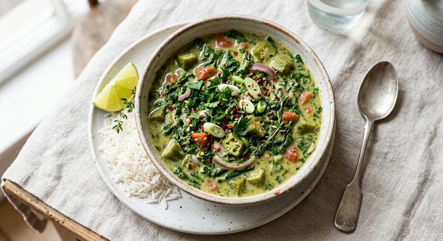 Callaloo & Coconut Stew served and ready to eat