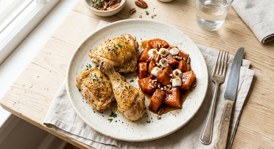 Candied Yams & Roast Chicken Plate served and ready to eat