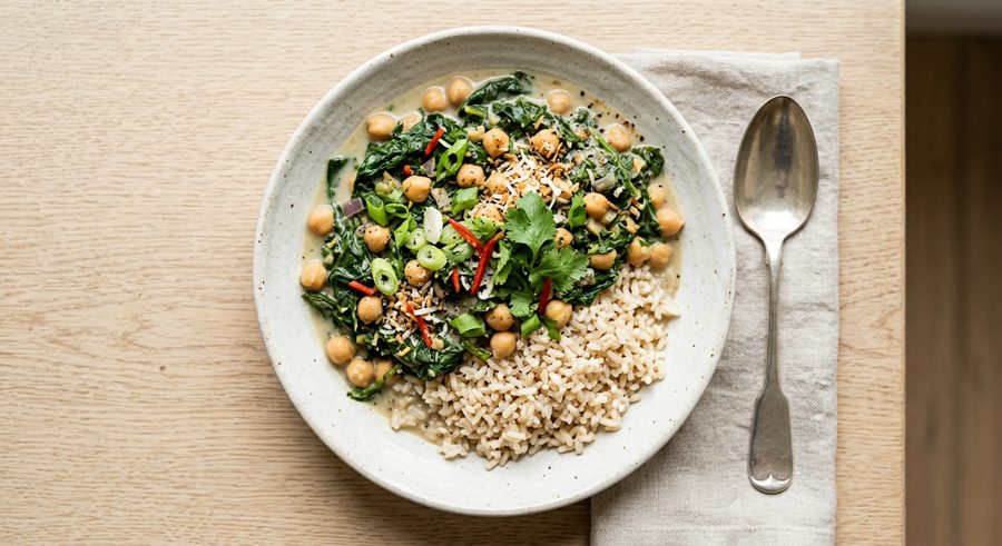 Coconut Chickpea Callaloo Bowl served and ready to eat