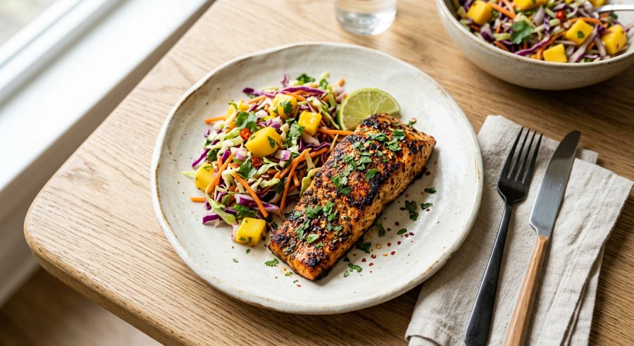 Jerk Salmon with Mango Slaw served and ready to eat