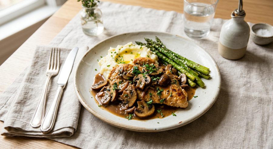 Chicken Marsala served and ready to eat