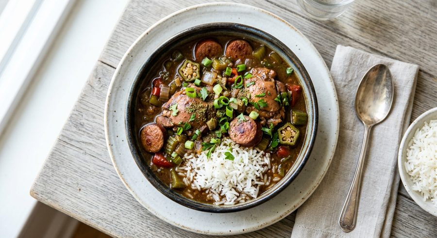 Chicken & Sausage Gumbo served and ready to eat