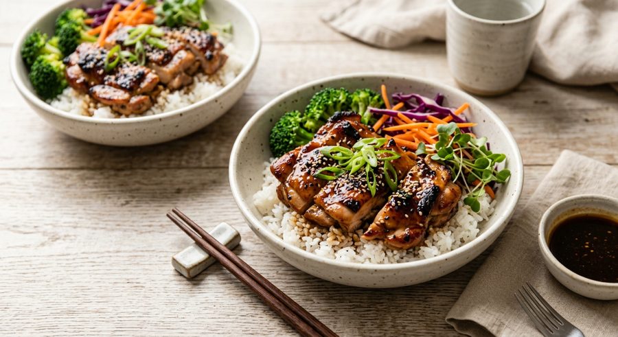 Chicken Teriyaki Bowls served and ready to eat