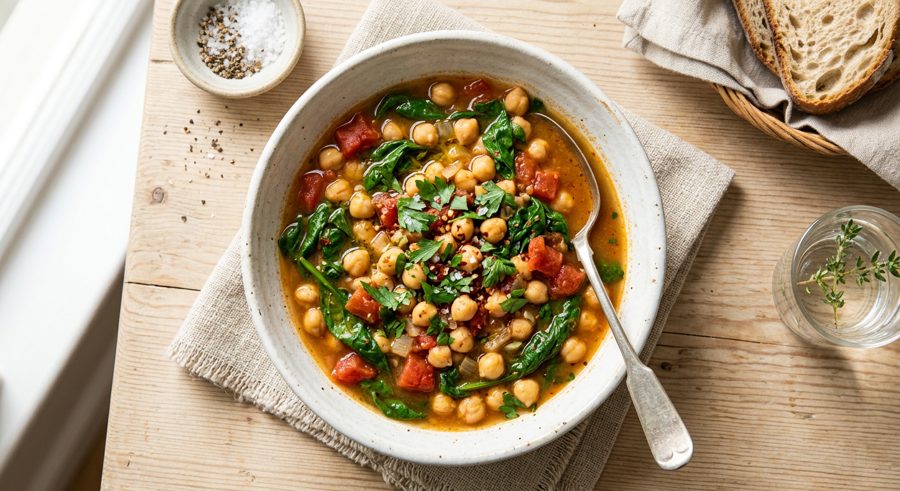 Chickpea Stew with Spinach served and ready to eat