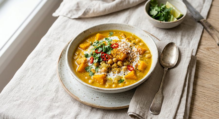 Curried Pumpkin & Chickpea Stew served and ready to eat