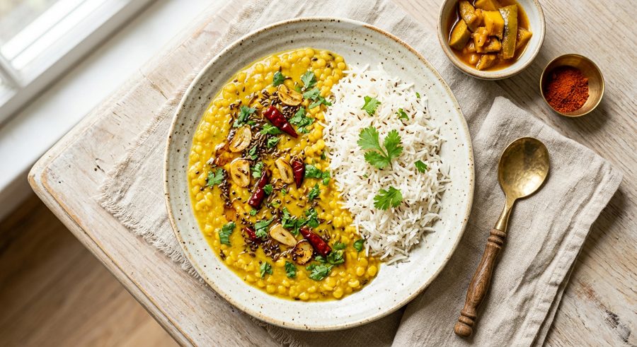 Dal Tadka with Rice served and ready to eat