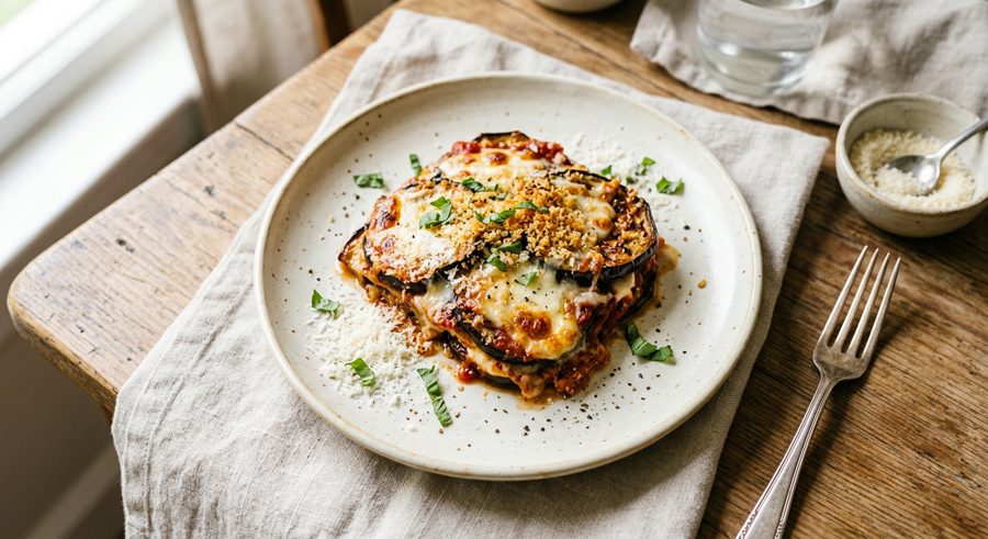 Eggplant Parmigiana served and ready to eat