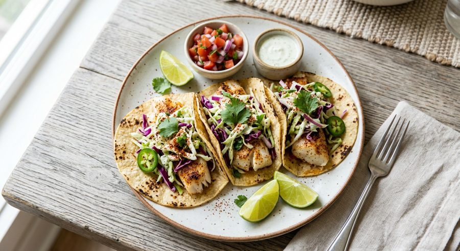 Fish Tacos with Cabbage Slaw served and ready to eat