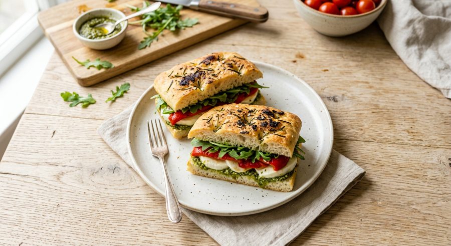 Focaccia Veggie Sandwiches served and ready to eat