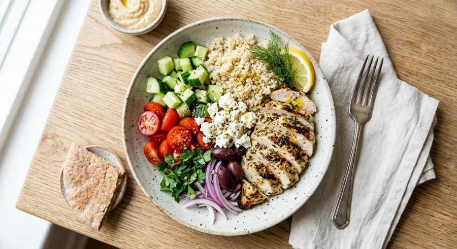 Greek Chicken Bowls served and ready to eat