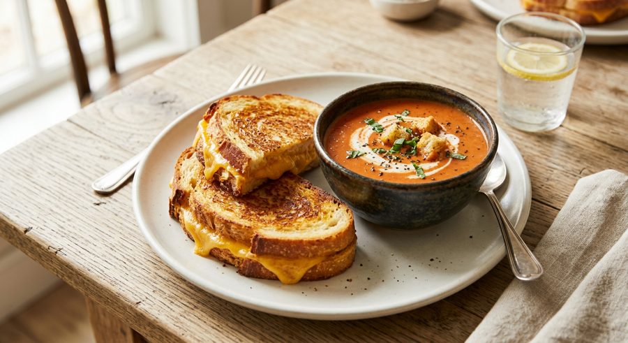 Grilled Cheese & Tomato Soup served and ready to eat