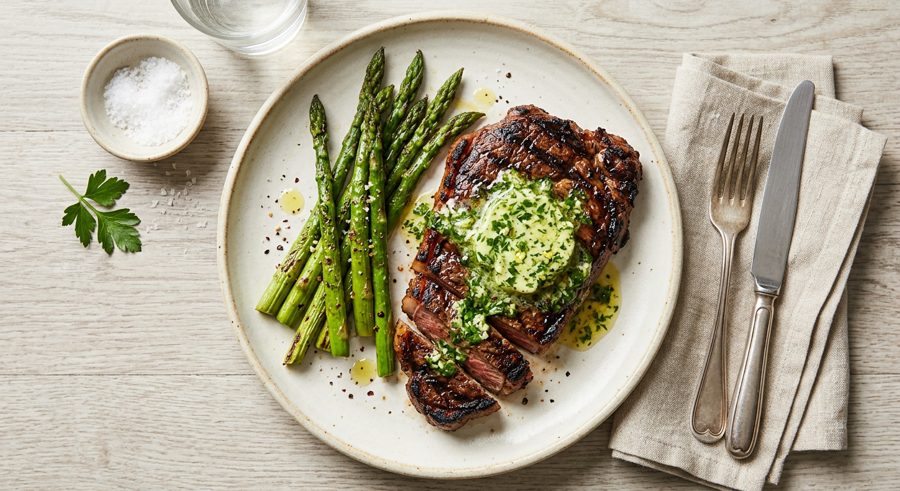 Grilled Steak with Herb Butter served and ready to eat