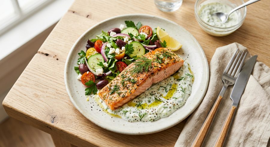 Herbed Salmon with Tzatziki served and ready to eat