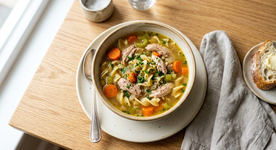 Homestyle Chicken Noodle Soup served and ready to eat