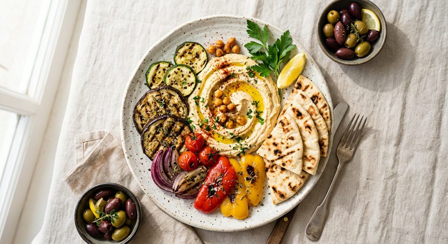 Hummus & Grilled Veg Platter served and ready to eat