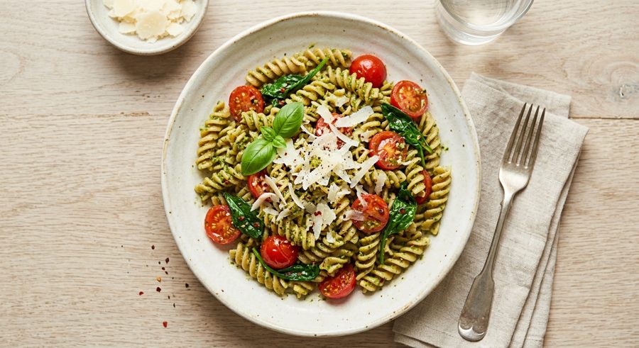 Garden Pesto Tomato Pasta served and ready to eat