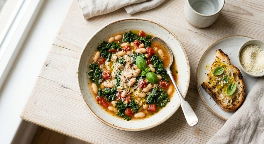 Tuscan White Bean & Kale Soup served and ready to eat