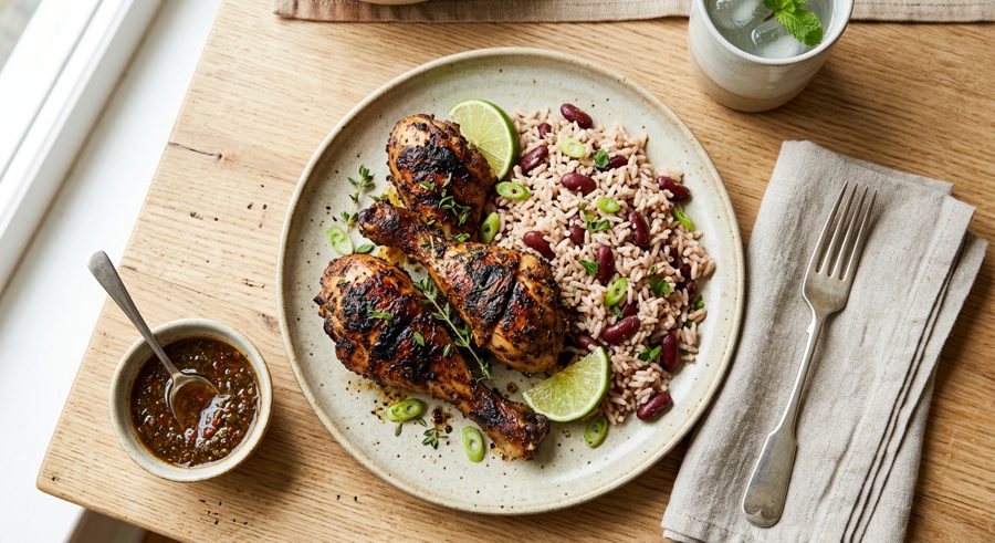 Jerk Chicken with Rice & Peas served and ready to eat