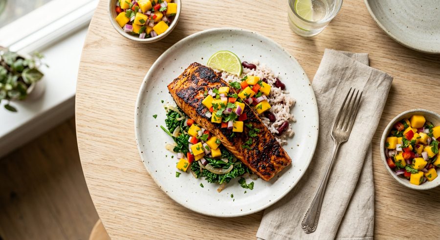 Jerk Salmon with Mango Salsa served and ready to eat
