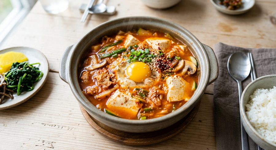 Korean Soft Tofu Stew served and ready to eat