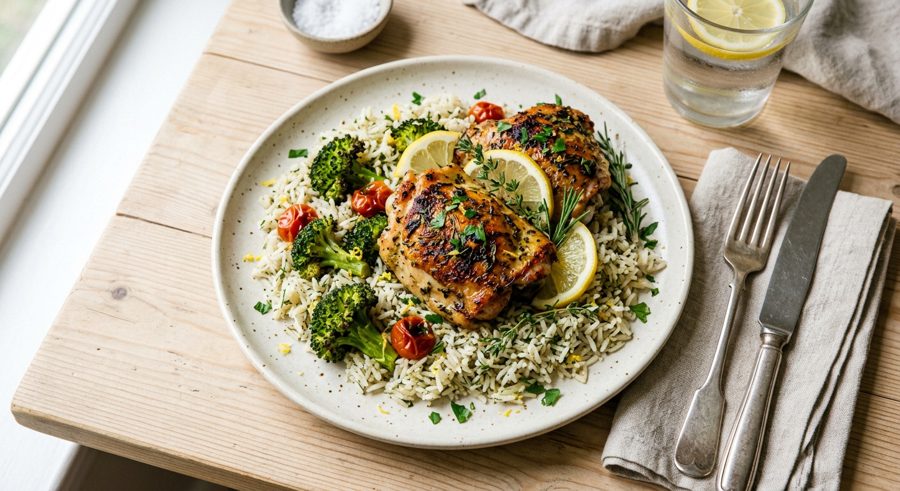 Lemon Herb Chicken & Rice served and ready to eat