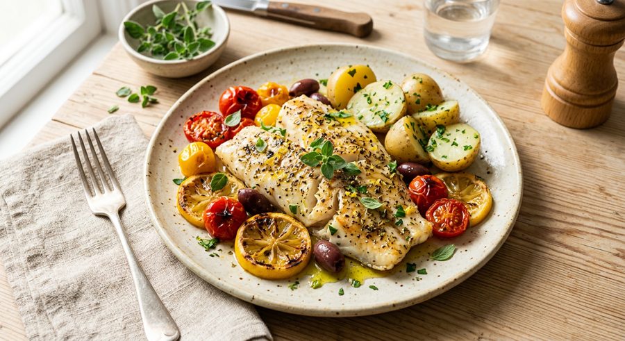 Lemon Oregano Baked Cod served and ready to eat