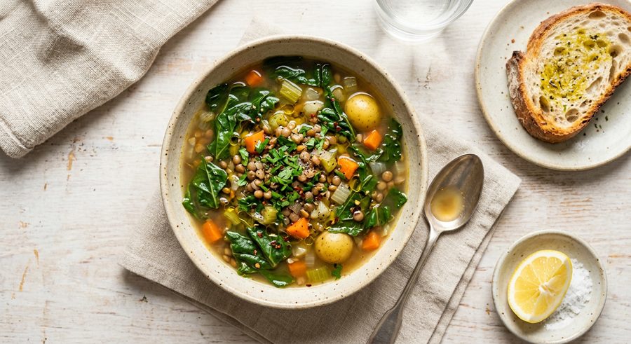 Lentil & Chard Soup served and ready to eat