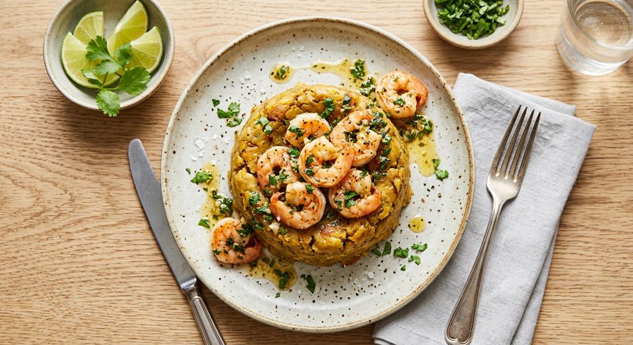 Mofongo with Garlic Shrimp served and ready to eat