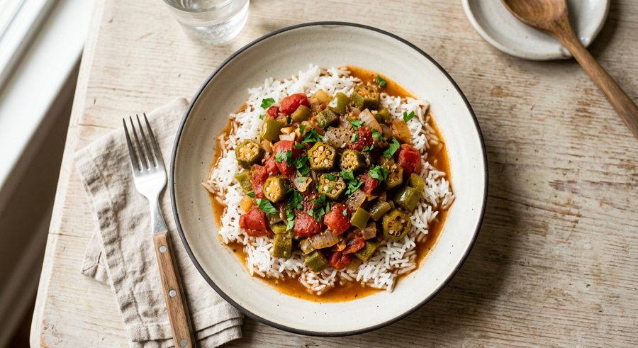 Okra & Tomato Stew served and ready to eat