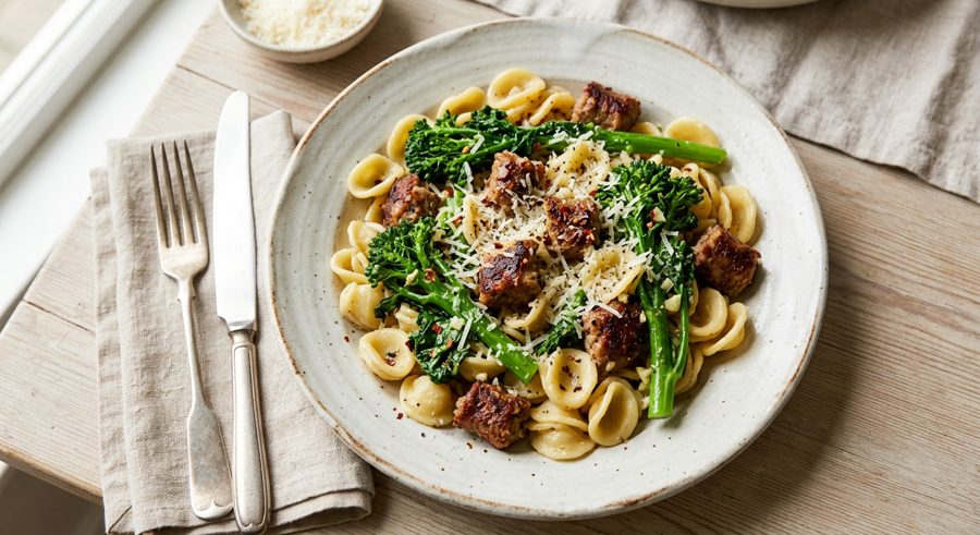 Orecchiette with Sausage & Broccoli served and ready to eat