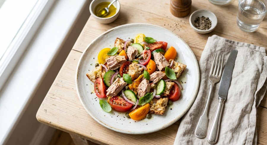 Panzanella with Tuna served and ready to eat