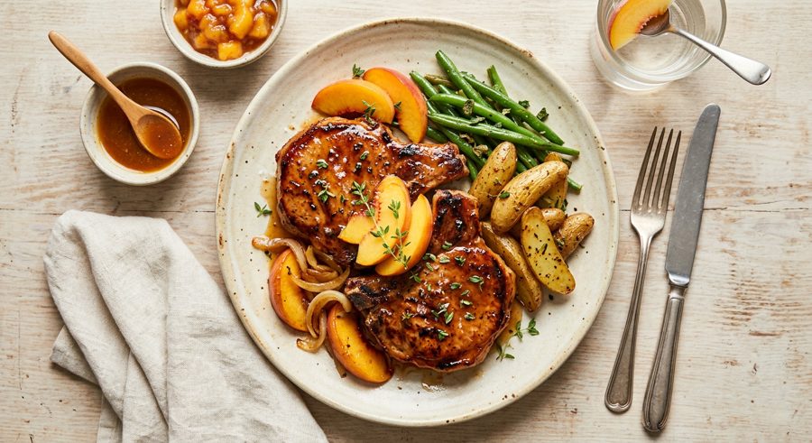 Peach Glazed Pork Chops served and ready to eat