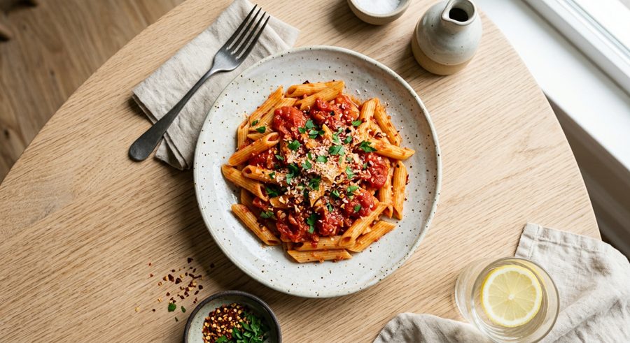Penne Arrabbiata served and ready to eat