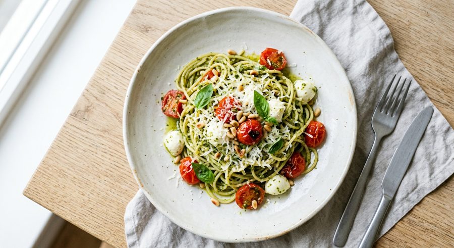Pesto Pasta with Cherry Tomatoes served and ready to eat