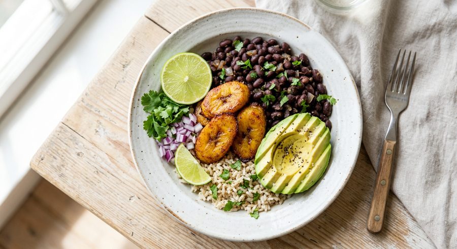 Plantain & Black Bean Bowl served and ready to eat