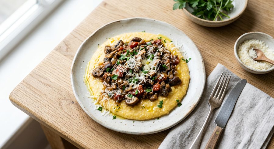 Polenta with Mushroom Ragu served and ready to eat