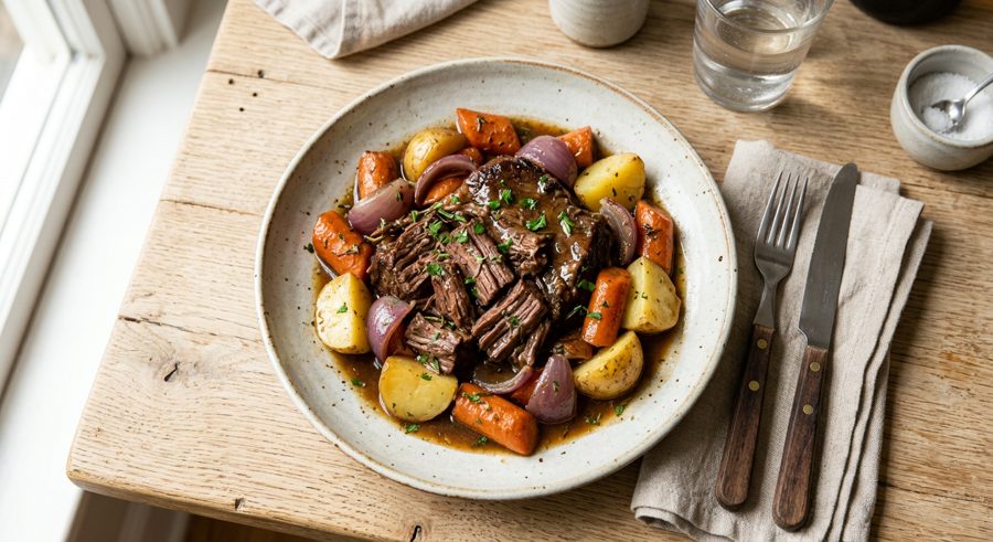 Pot Roast with Root Vegetables served and ready to eat