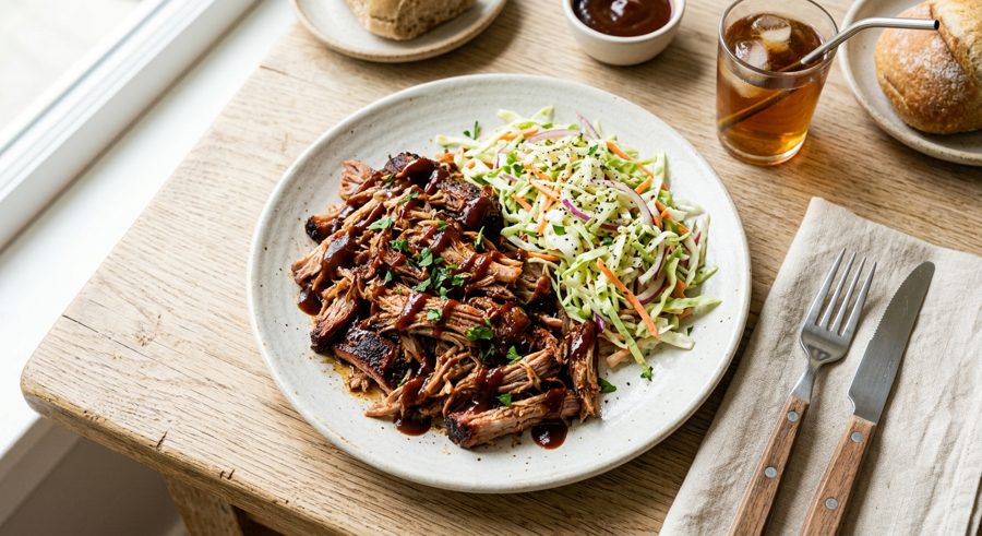 Pulled Pork Plate with Slaw served and ready to eat
