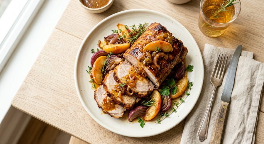 Roast Pork Loin with Apples served and ready to eat