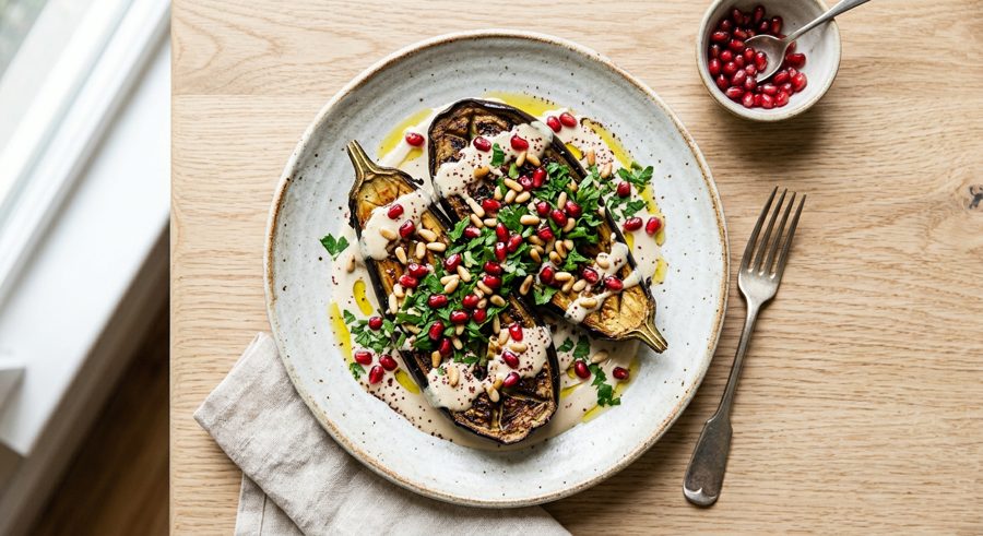 Roasted Eggplant with Tahini served and ready to eat