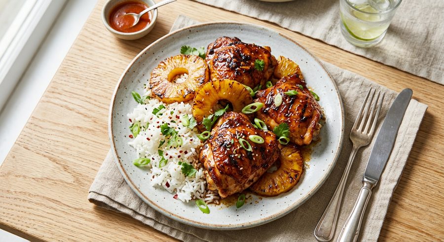 Rum-Glazed Pineapple Chicken served and ready to eat