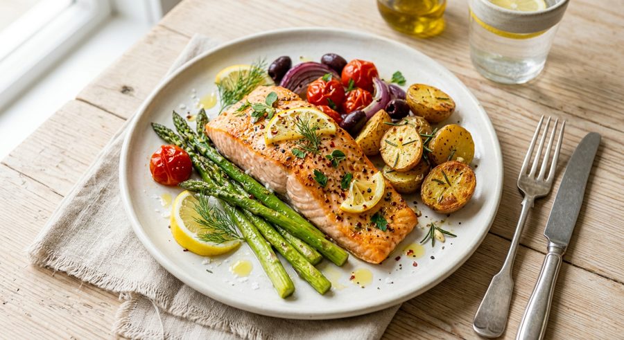 Sheet Pan Salmon & Veggies served and ready to eat