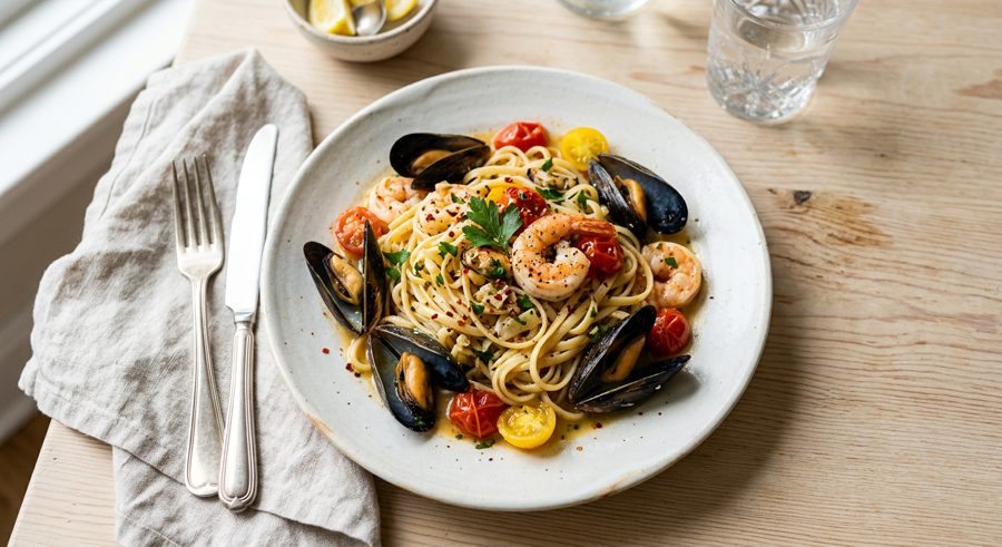 Seafood Linguine served and ready to eat