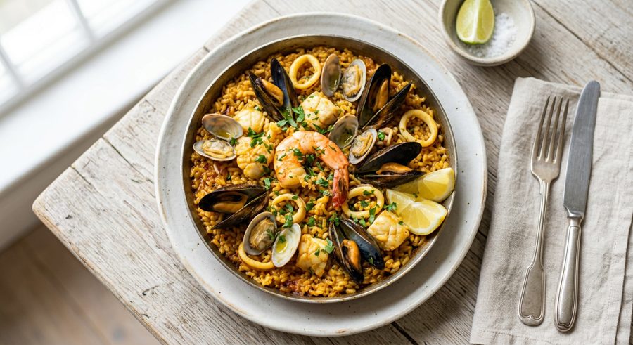 Seafood Paella served and ready to eat
